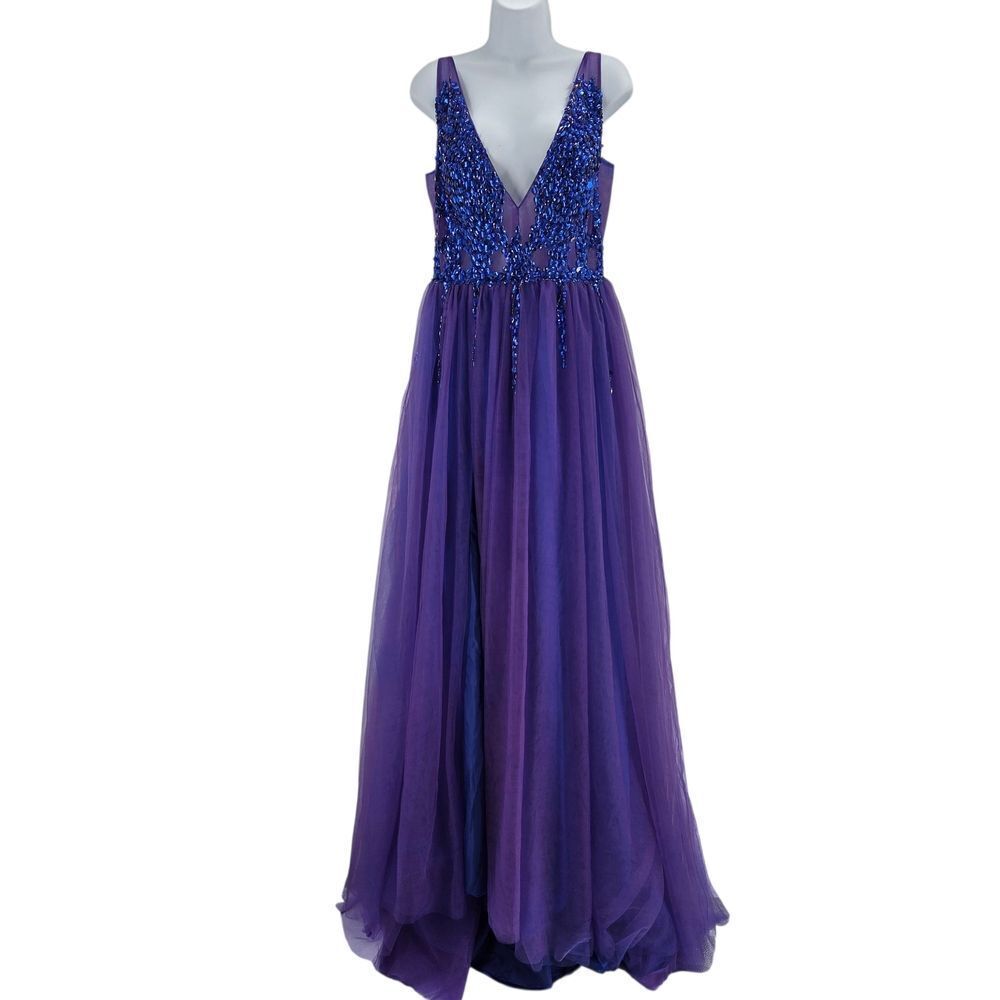 Elegant Purple Evening Gown With Blue Rhinestone Details